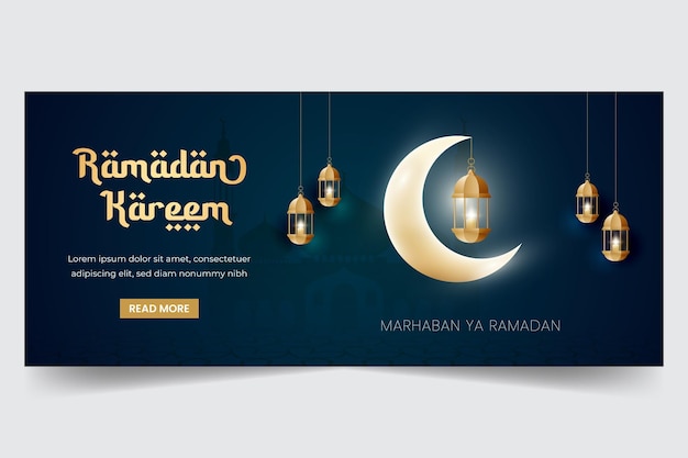 Banner di saluto orizzontale Ramadan kareem con luna e lanterna illusration