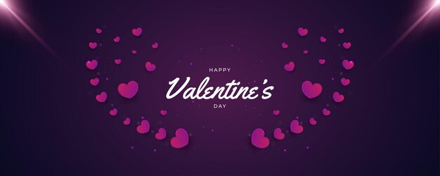 Banner di San Valentino con cuori viola e luci brillanti