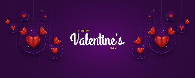 Banner di San Valentino con sfondo viola e illustrazione di cuore rosso carino