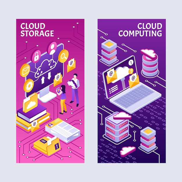 Banner di servizi di cloud computing in stile isometrico