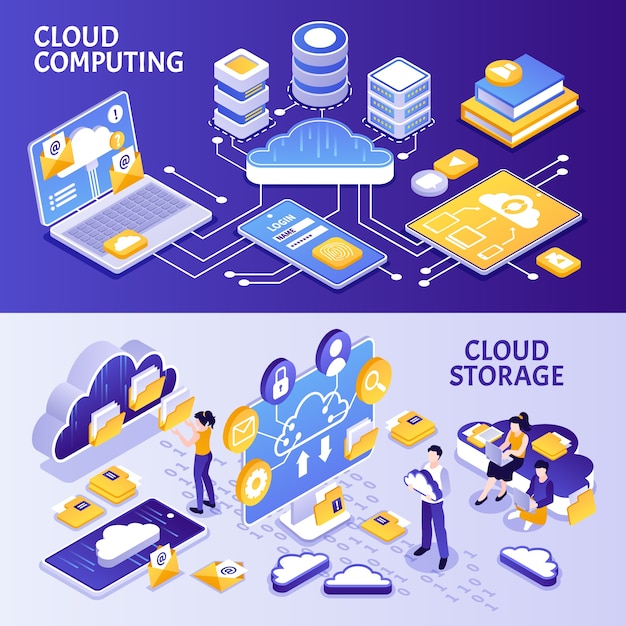 Banner di servizi di cloud computing in stile isometrico