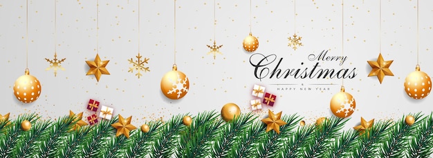 Banner di sfondo bianco di buon Natale con elementi decorativi realistici dorati Vector