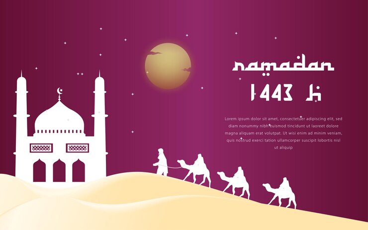 Banner di sfondo Ramadan moderno con moschea e cammello nella notte