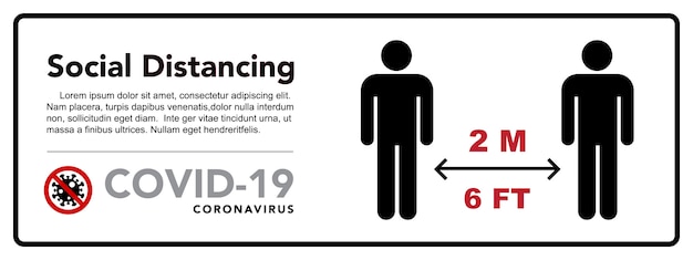 Banner di social distanza. Mantenere la distanza di 2 metri. Protezione contro l'epidemia di coronovirus.