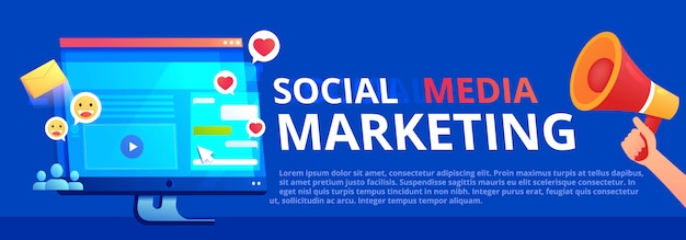 Banner di social media marketing. Uno schermo del monitor del computer con sito Web e Mi piace e messaggio. La mano con un megafono pubblicizza il sito.