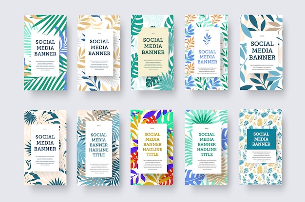 Banner di social media verticale vettoriale con elemento geometrico per testo colorato tropicale foglie esotiche palm monstera