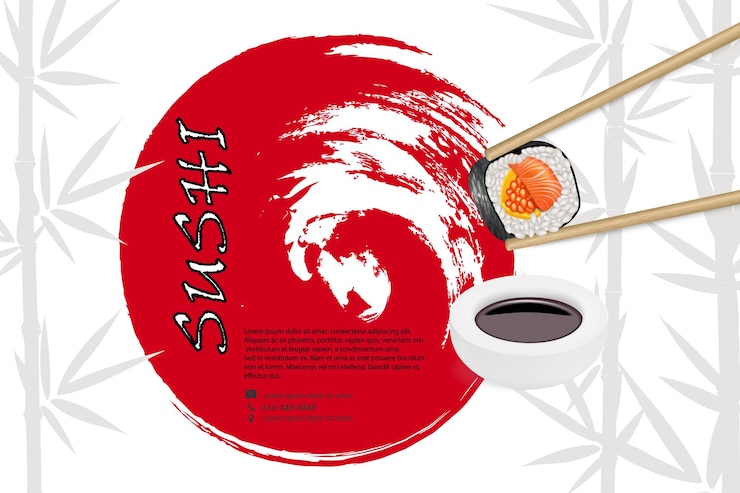 Vettore banner di sushi vettoriale realistico sushi con bacchette e salsa sullo sfondo di sagome di bambù design originale della segnaletica del bar del ristorante di sushi