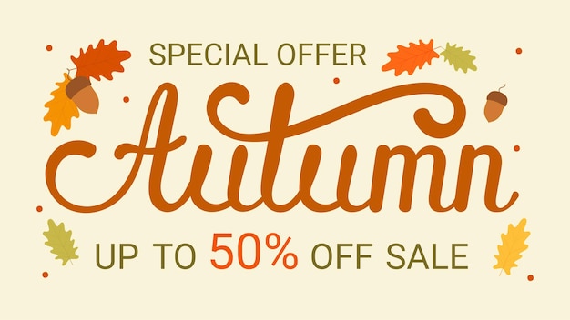 Banner di testo delle vendite autunnali per la promozione degli acquisti di settembre o lo sconto autunnale nel negozio Acorn di quercia vettoriale con foglie per il design di un volantino di sconto o di un banner web