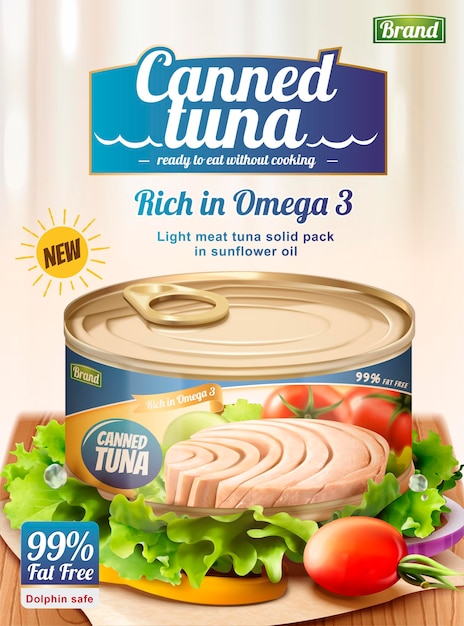 Banner di tonno in scatola con lattuga e pomodoro in stile 3D