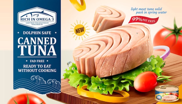 Banner di tonno in scatola con verdure fresche sul tagliere in stile 3D