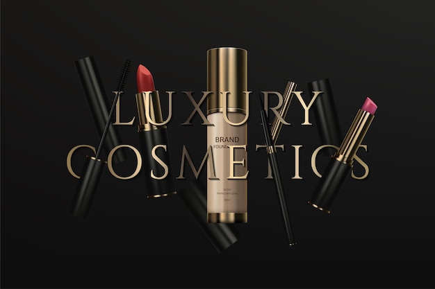 Banner di trucco Un banner di cosmetici di lusso con un rossetto realistico, mascara e eyeliner