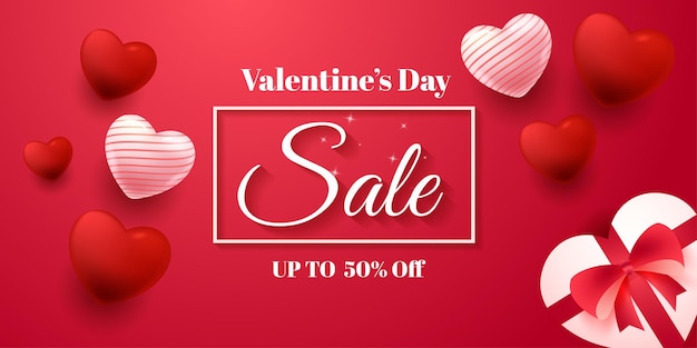 Banner di vendita d'amore di San Valentino con cuori e scatola regalo