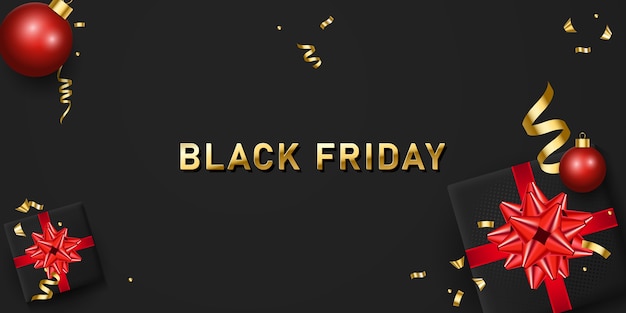 Banner di vendita del Black Friday con scatole regalo realistiche e coriandoli d'oro