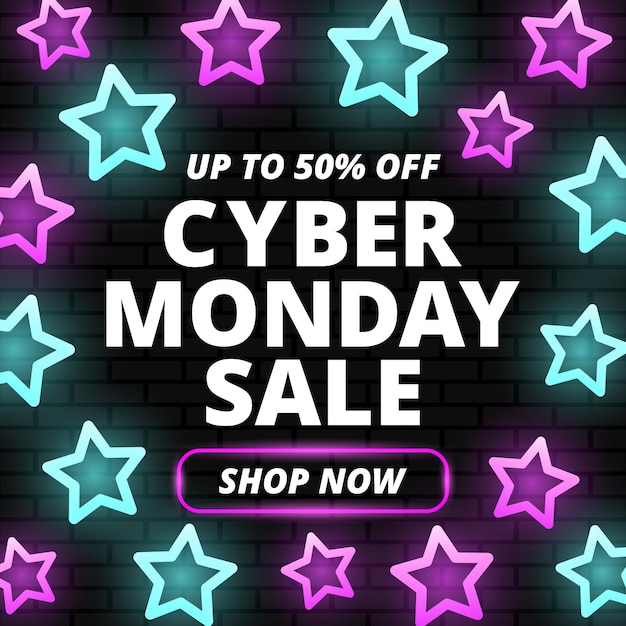 Banner di vendita di Cyber Monday con neon a stella sullo sfondo del muro di mattoni