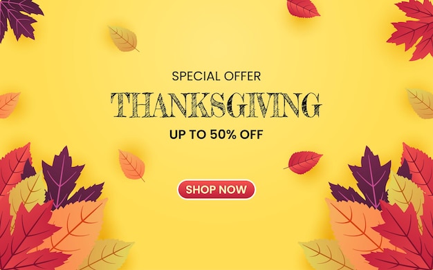 Banner di vendita di offerta speciale del Ringraziamento con foglie d'autunno