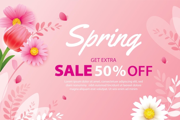 Banner di vendita di primavera con fiori che sbocciano