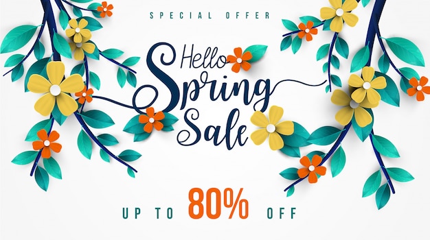 Banner di vendita di primavera con foglia verde