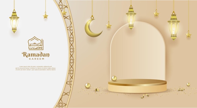 Banner di vendita di Ramadan Kareem con podio