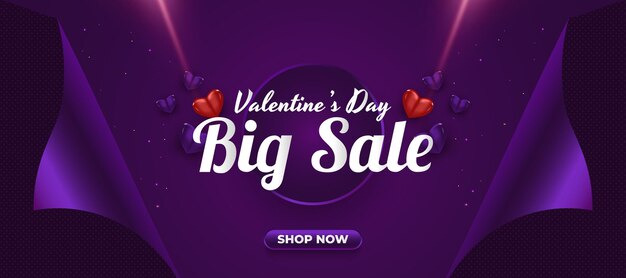 Banner di vendita di San Valentino con cuori realistici e concetto di carta da regalo aperta