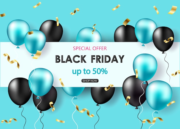 Banner di vendita venerdì nero con palloncini lucidi