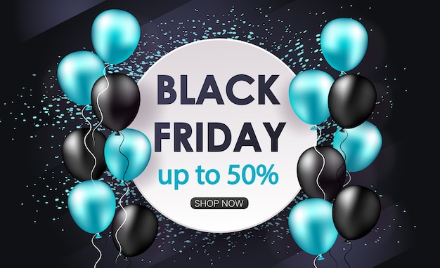 Banner di vendita venerdì nero con palloncini lucidi