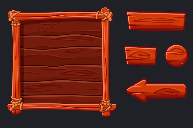 Banner e pulsanti in legno. impostare risorse di legno rosso, interfaccia e pulsanti per il gioco dell'interfaccia utente