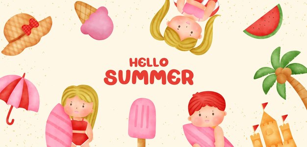 Banner estivo con elementi estivi in stile acquerello