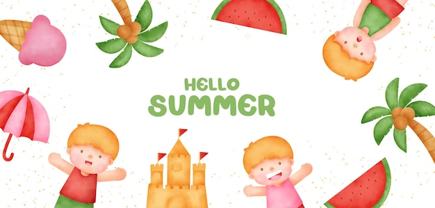 Banner estivo con elementi estivi in stile acquerello