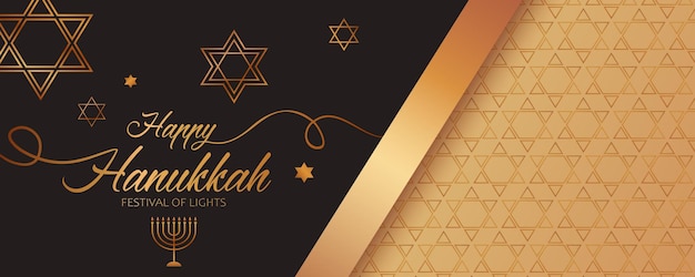 Banner festivo con lato sinistro composto da testo dorato Happy Hanukkah, candeliere, stelle di David
