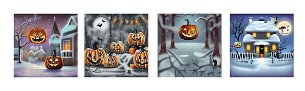 Banner imposta disegno di Halloween sotto la neve con zucche arancioni in un vettore di foresta innevata