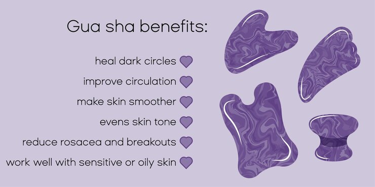 Vettore banner infografico viola con esercizio di massaggio facciale gua sha guasha amethyst per la cura della pelle