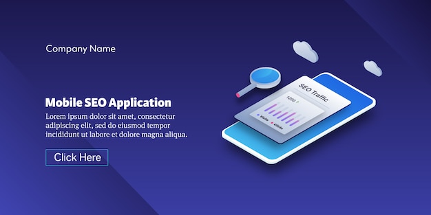 Banner isometrico applicazione mobile SEO