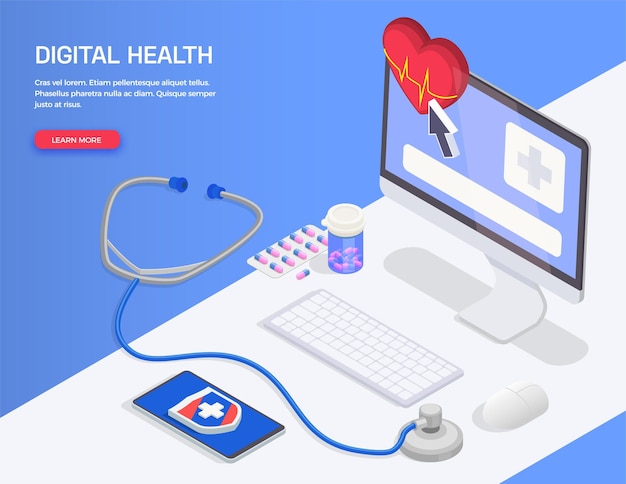Banner isometrico di salute digitale di telemedicina