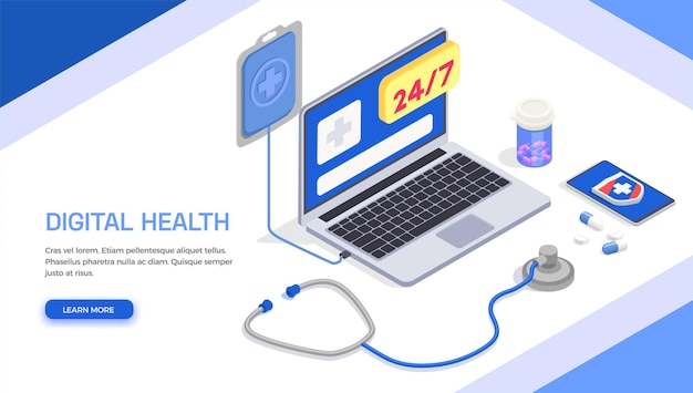 Banner isometrico di salute digitale di telemedicina