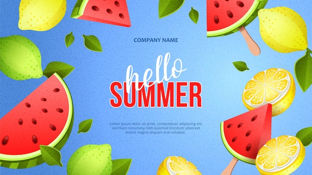 Banner luminoso estivo con frutta matura e pezzo di anguria rossa