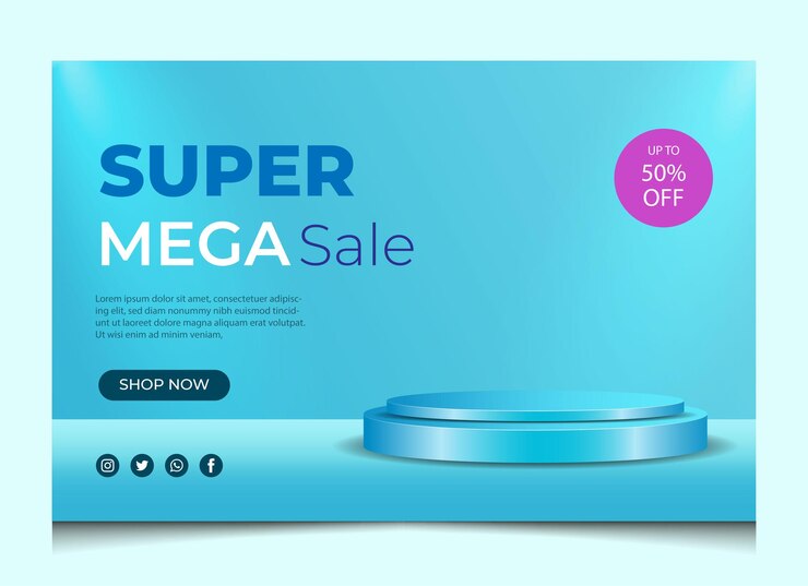 Banner modello podio 3D vuoto con sfondo azzurro perfetto per espositori di prodotti di lusso