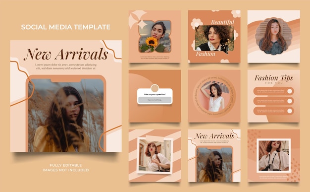 Banner modello social media promozione vendita moda in colore beige marrone completamente modificabile poster di vendita organica puzzle cornice quadrata facebook e instagram