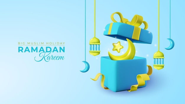 Banner moderno Ramadan Kareem 3D per le festività islamiche con disegno blu e verde