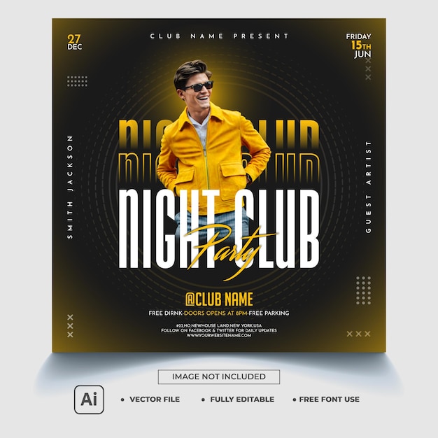Banner o poster per post sui social media del modello di volantino per feste in discoteca Vettore premium