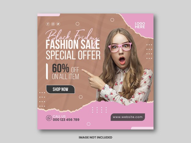 Banner o volantino quadrato per la promozione della vendita di moda minimalista del Black Friday per il modello di post sui social media