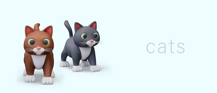 Vettore banner orizzontale con gatti 3d di diversi colori concetto per un negozio di animali domestici