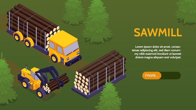 Banner orizzontale del boscaiolo della segheria isometrica con cursore del testo più scenario della foresta del pulsante e camion con illustrazione vettoriale dello skidder
