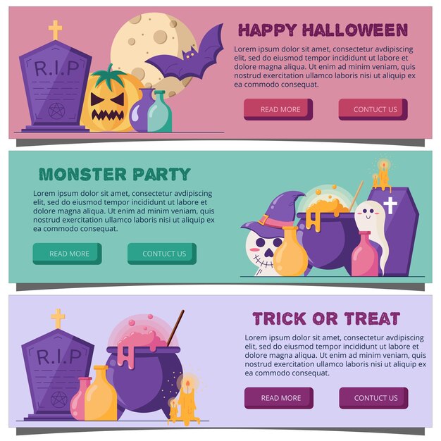 Banner orizzontale Web di Halloween in un'illustrazione vettoriale di stile piatto per l'intestazione del sito Web