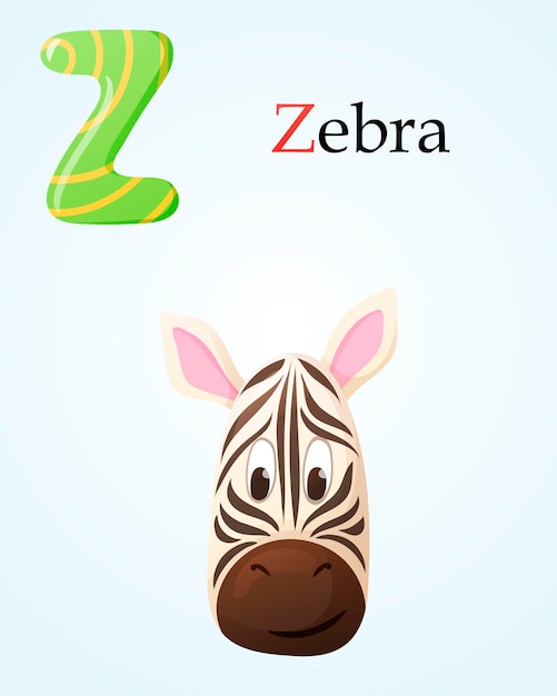 Banner per bambini con alfabeto inglese lettera Z e immagine cartoon della testa di zebra a strisce