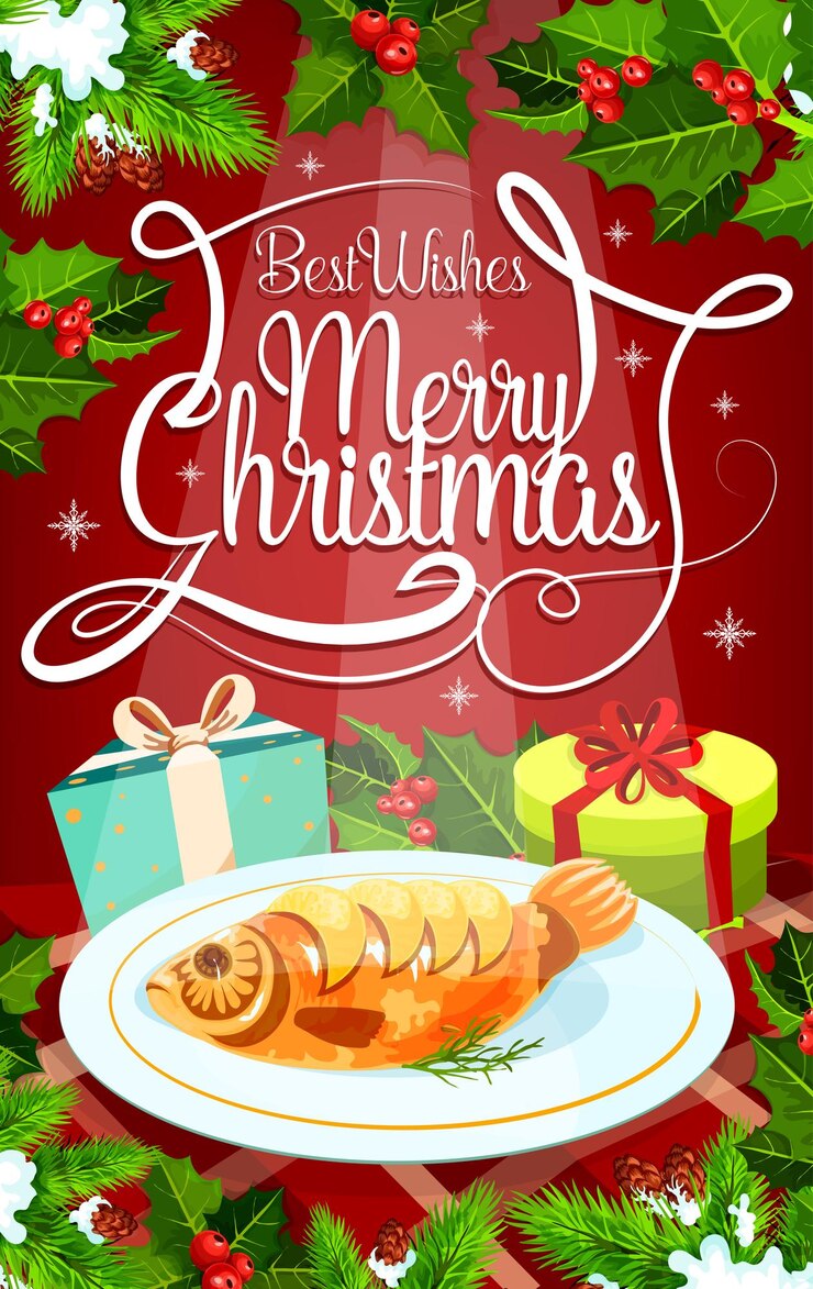 Vettore banner per la cena della vigilia di natale con regalo e pesce