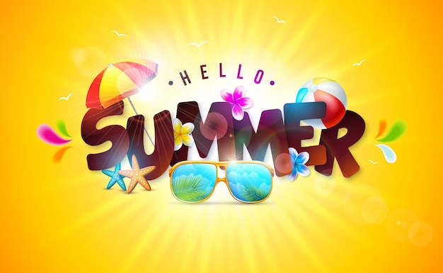 Banner per le vacanze estive con scritte 3d ed elementi colorati sulla spiaggia su sfondo giallo sole