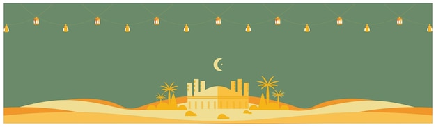 Banner piatto per il Ramadan Kareem 2022 Sfondo verde e giallo terroso con moschee e dune c