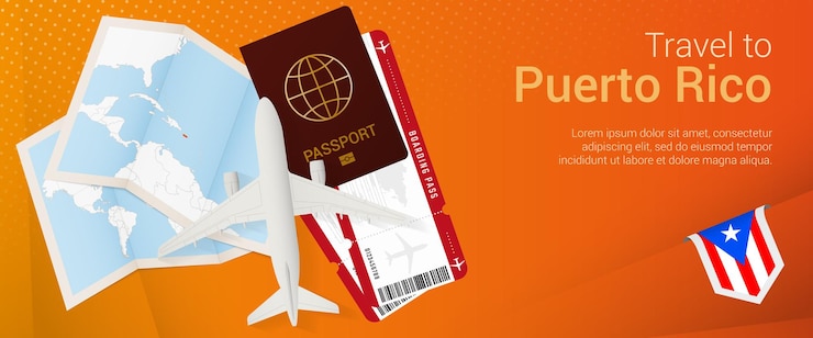 Vettore banner popunder viaggio a puerto rico banner di viaggio con biglietti passaporto carta d'imbarco aereo