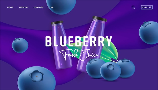 Banner promozionale di succo di mirtillo o yogurt per la pagina di destinazione pubblicitaria con illustrazione di bacche 3d