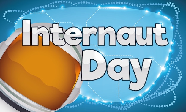 Banner promozionale per l'Internauta Day con connessioni di rete luminose in un cartello e casco da astronauta